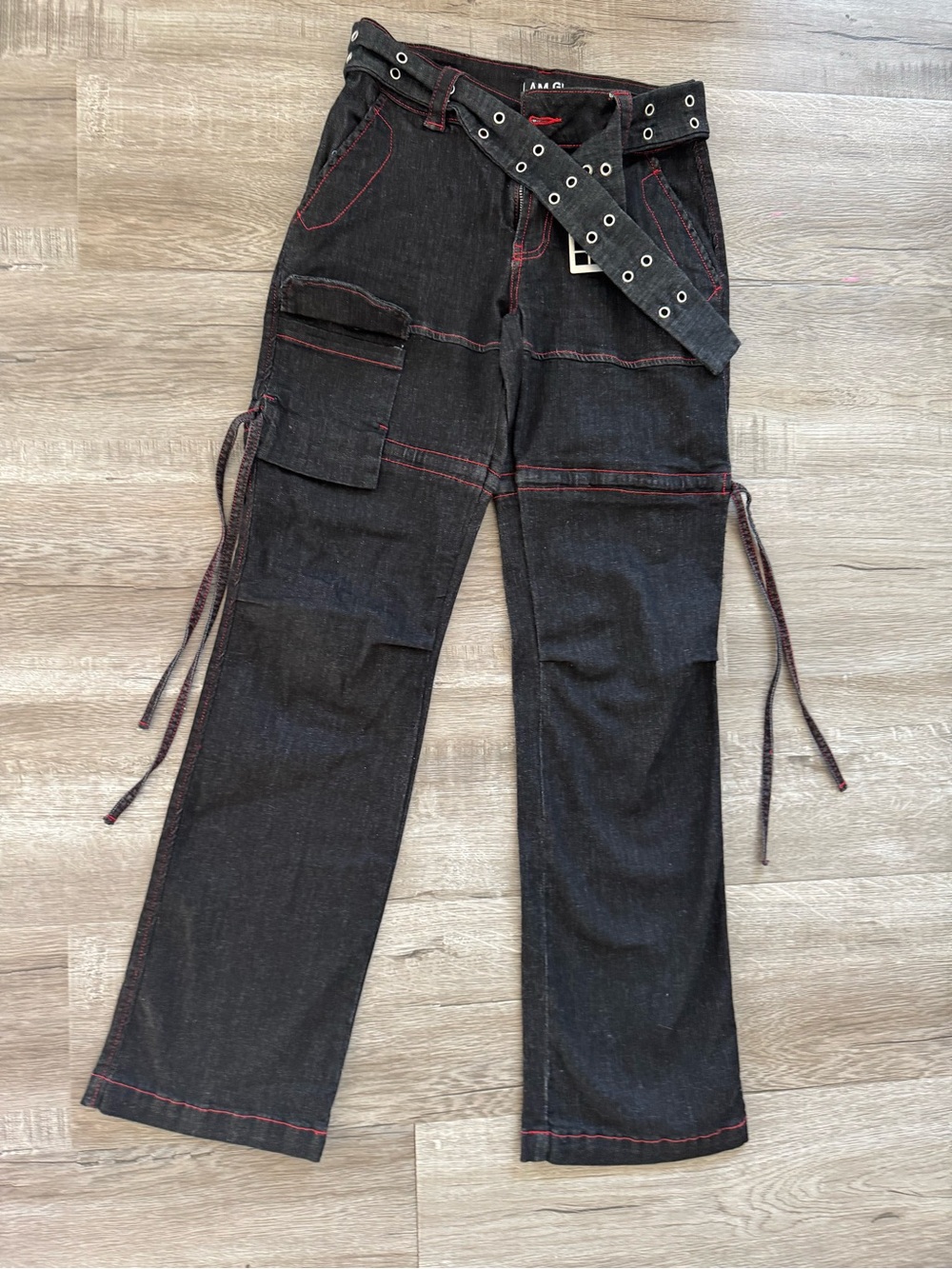 I.AM.GIA XS Black Cargo Jeans Red Stitch Belted Wide Leg Pants